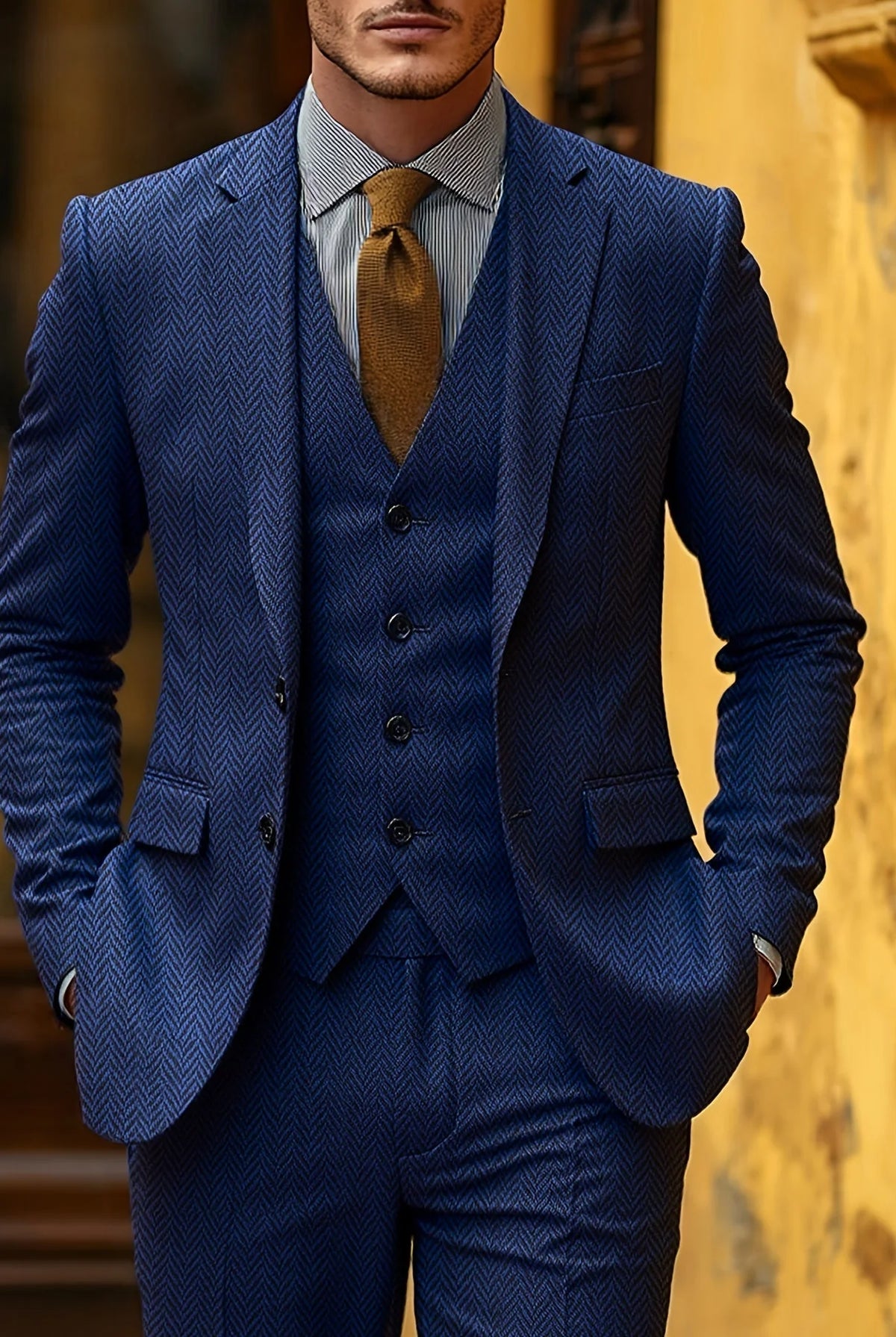 Men's Tailored Three-Piece Suit with Herringbone Pattern 3