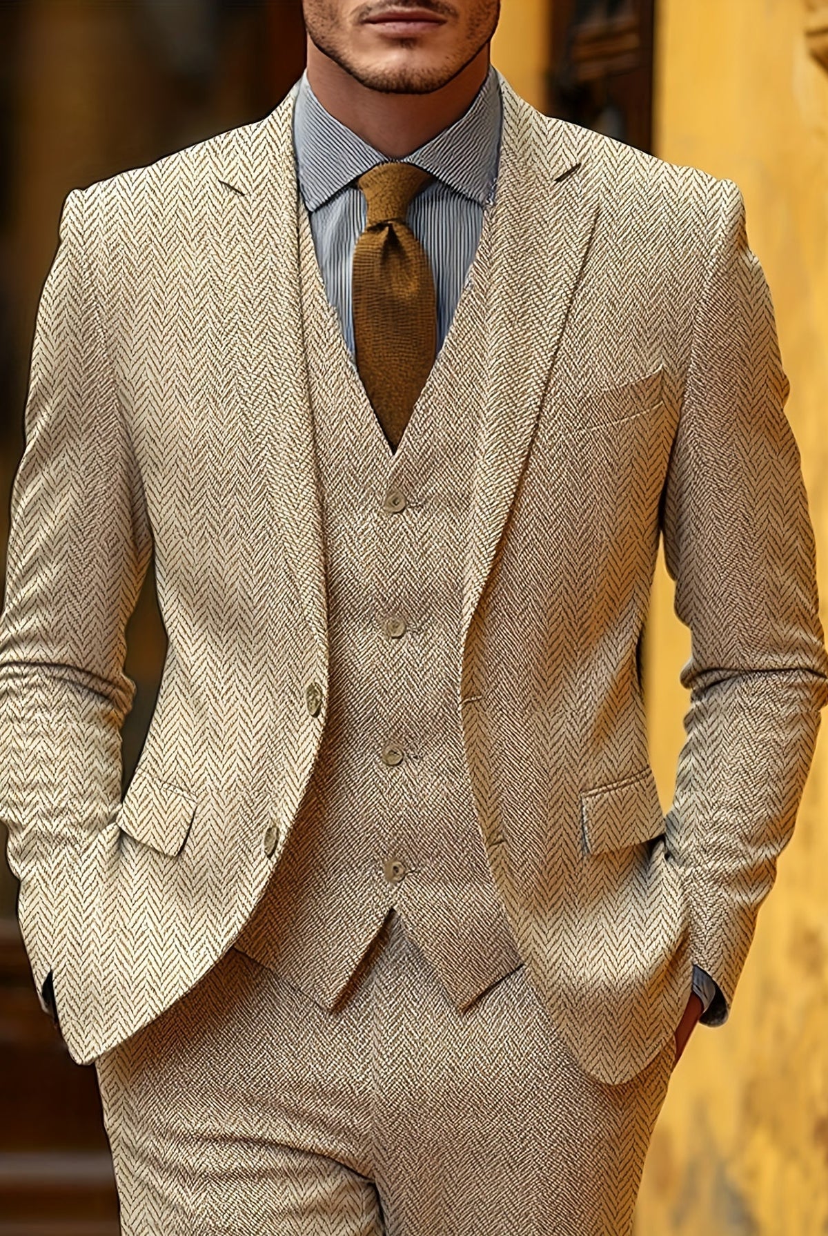 Men's Tailored Three-Piece Suit with Herringbone Pattern 4