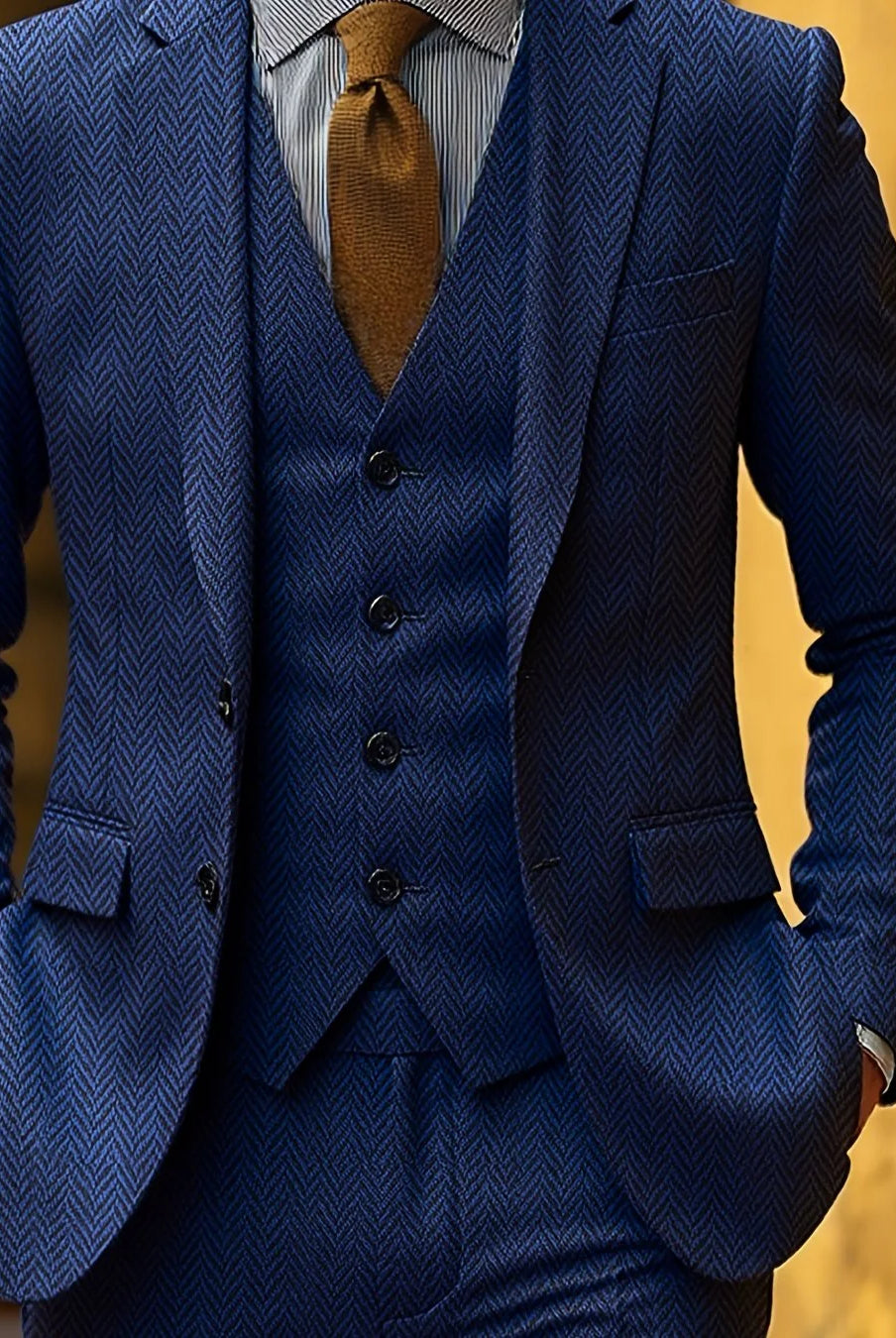 Men's Tailored Three-Piece Suit with Herringbone Pattern 9