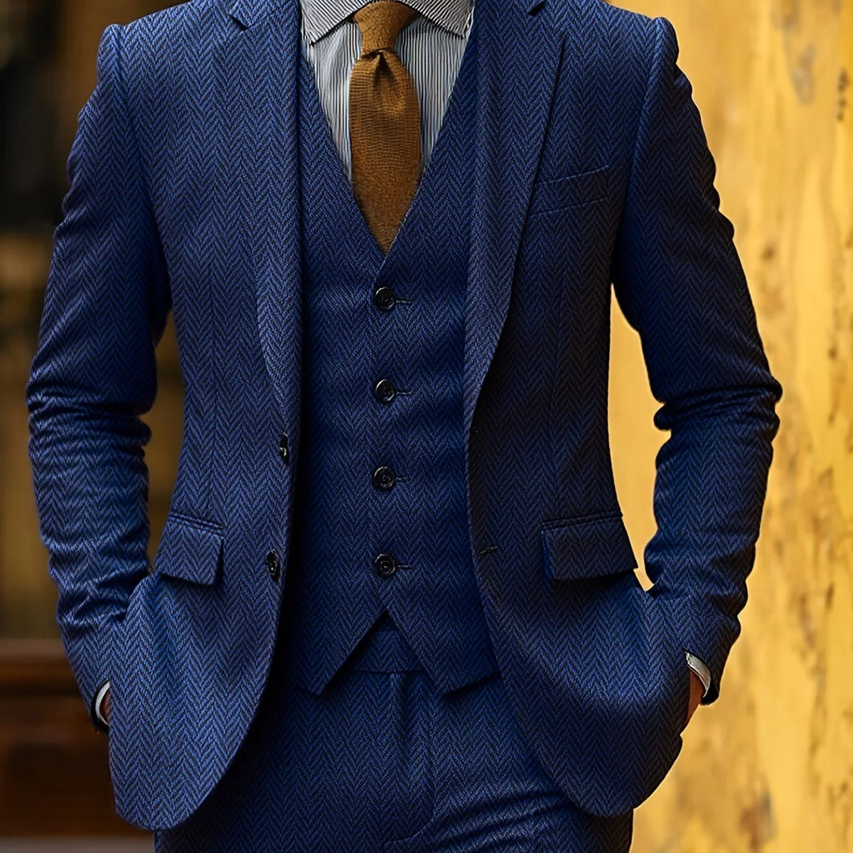 Men's Tailored Three-Piece Suit with Herringbone Pattern 9
