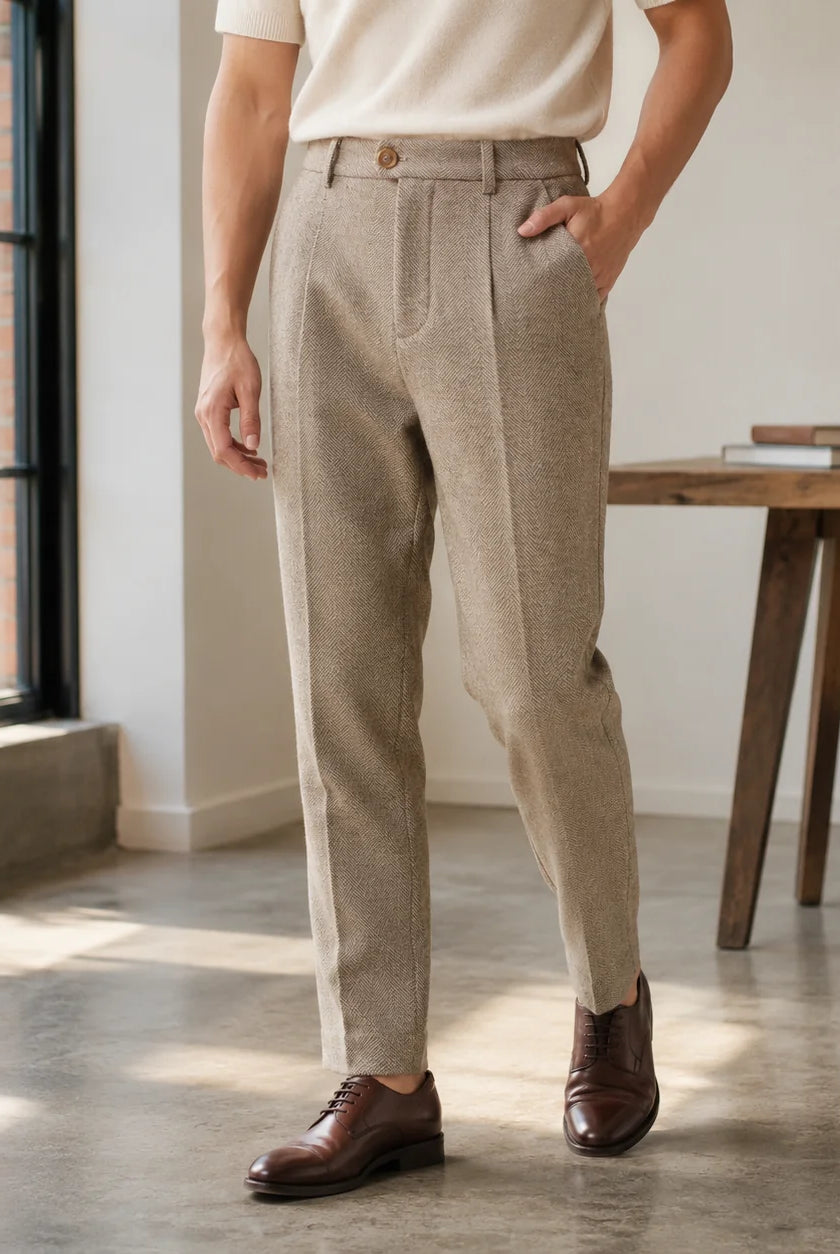 Men's Tailored Wool Herringbone Tapered Pants 0