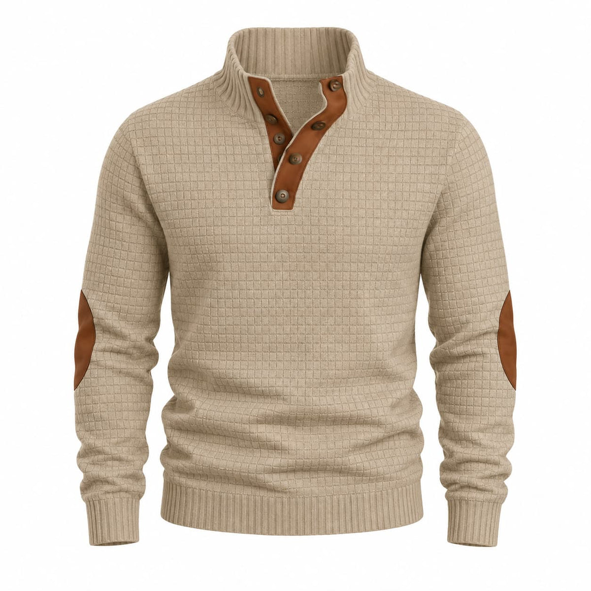 Men's Textured Mock Neck Sweater with Contrast Button Placket and Elbow Patches 0