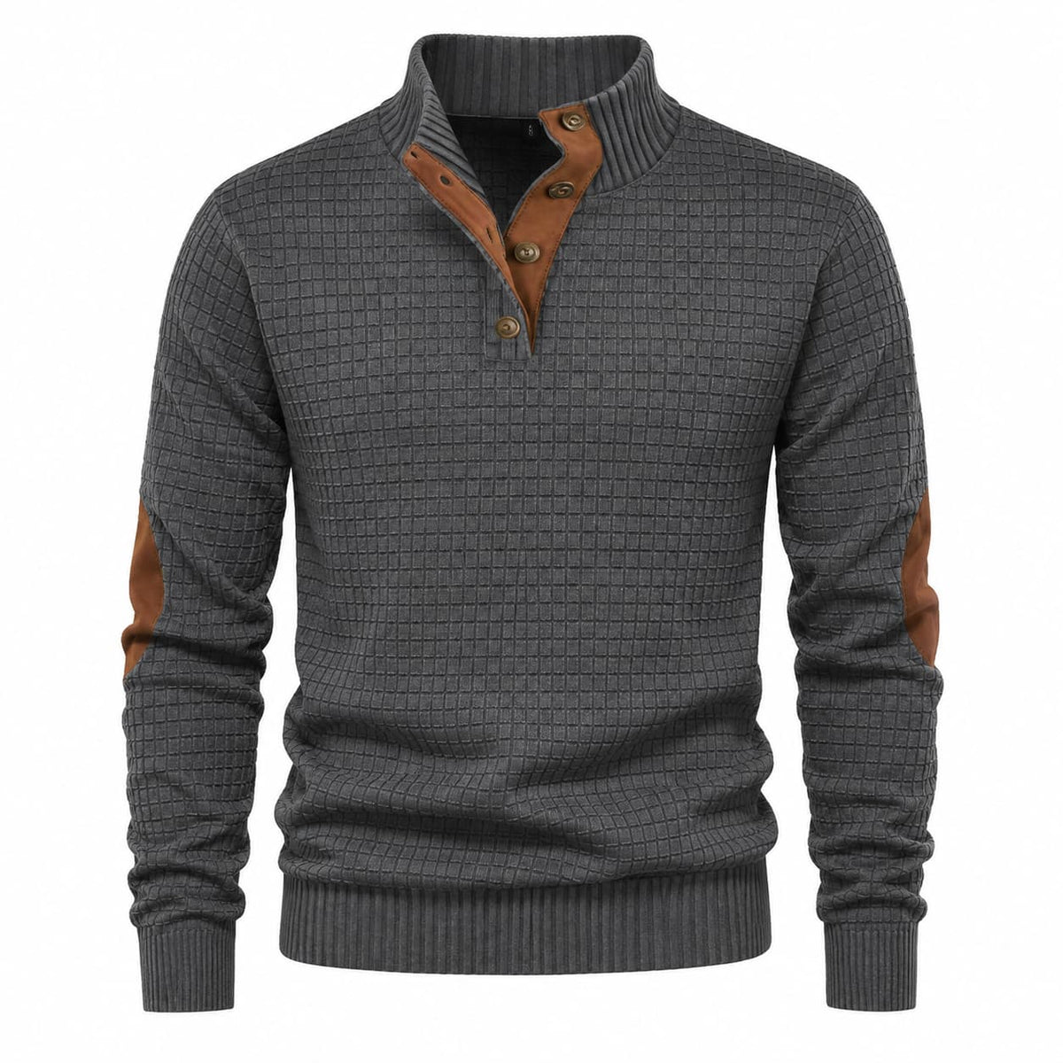 Men's Textured Mock Neck Sweater with Contrast Button Placket and Elbow Patches 3