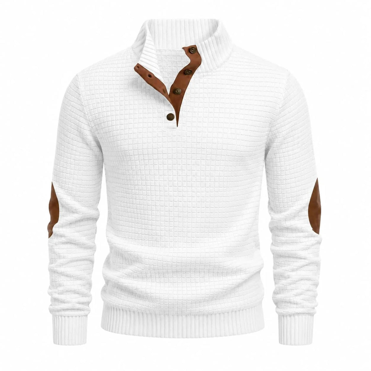 Men's Textured Mock Neck Sweater with Contrast Button Placket and Elbow Patches 4