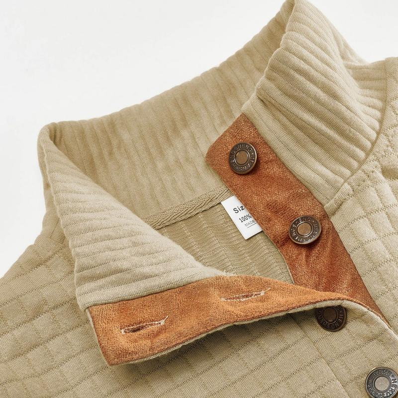 Men's Textured Mock Neck Sweater with Contrast Button Placket and Elbow Patches 6