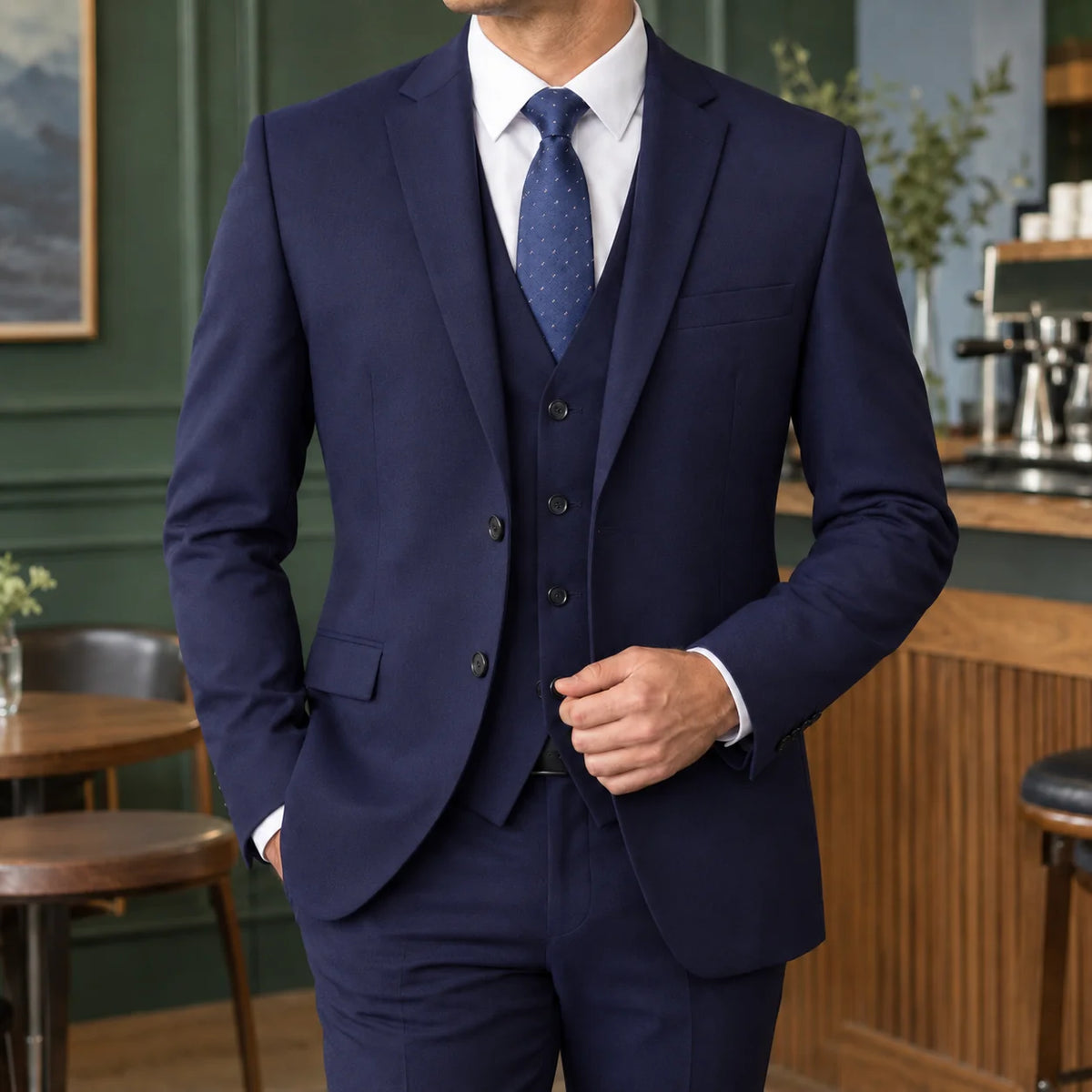 Men's Three-Piece Tailored Suit Set with Two-Button Blazer and Button-Front Vest 2