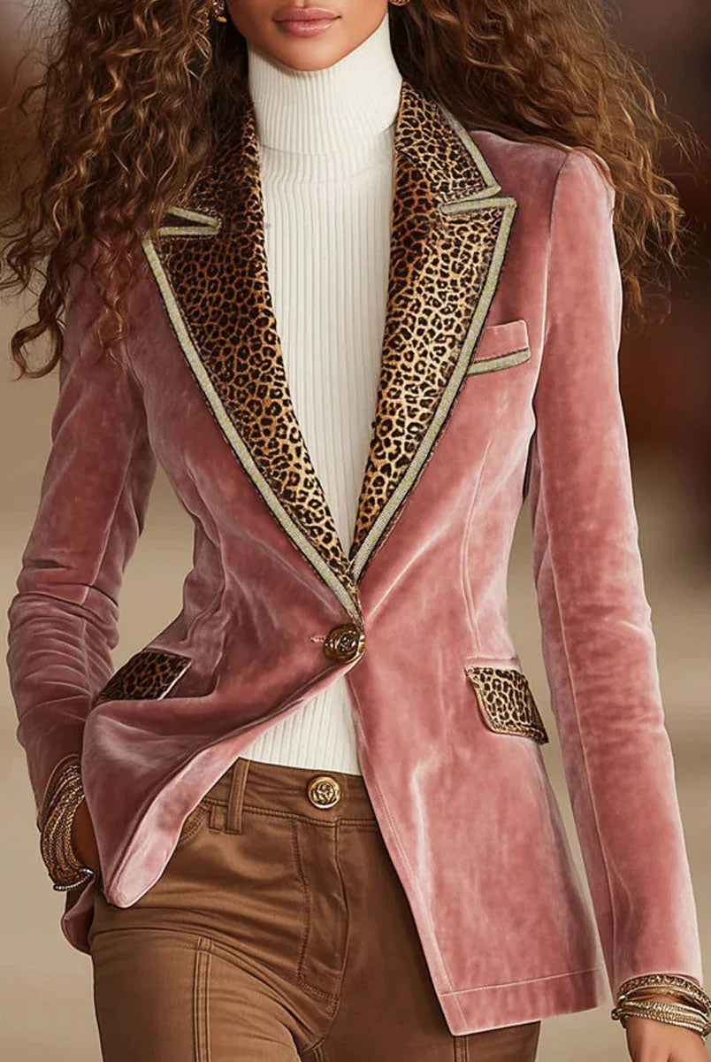 Men's Velvet Blazer Jacket with One-Button Closure and Leopard Print Accent 0