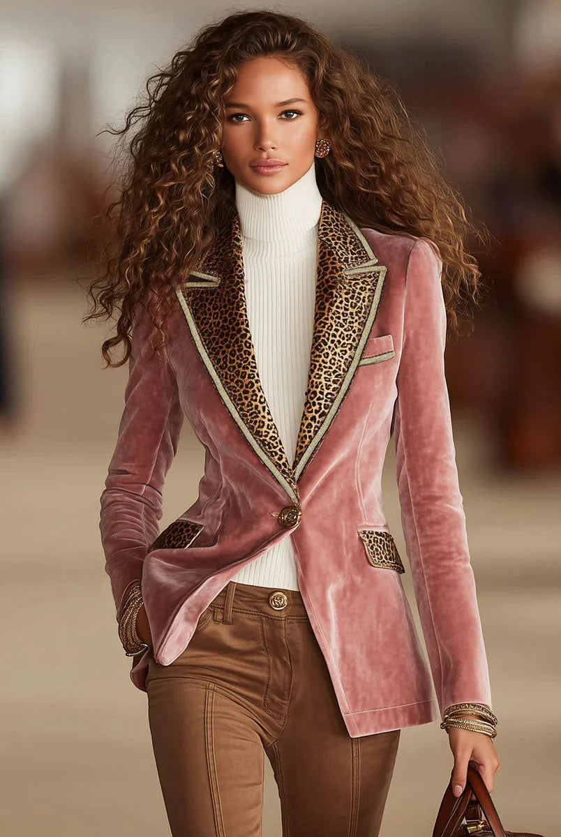 Men's Velvet Blazer Jacket with One-Button Closure and Leopard Print Accent 1