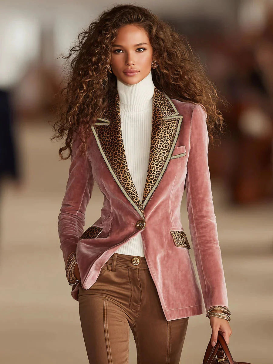 Men's Velvet Blazer Jacket with One-Button Closure and Leopard Print Accent 1