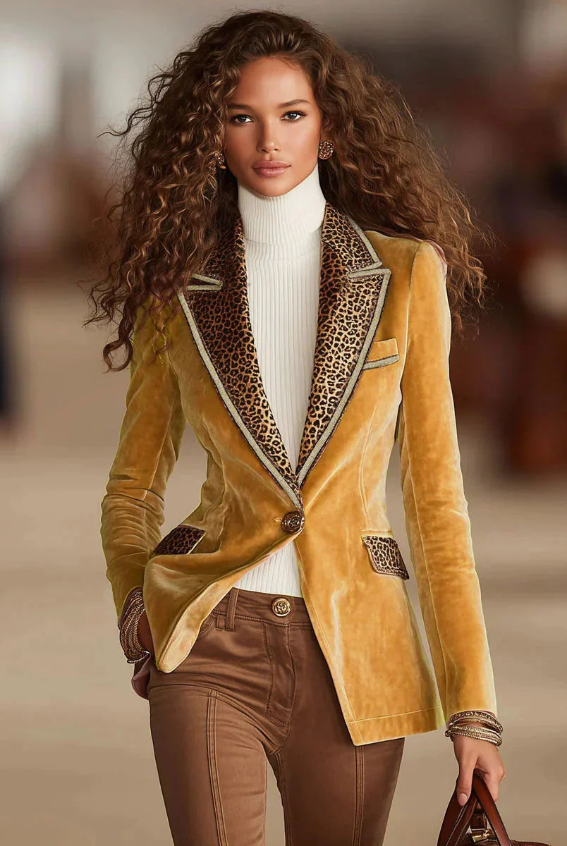 Men's Velvet Blazer Jacket with One-Button Closure and Leopard Print Accent 2