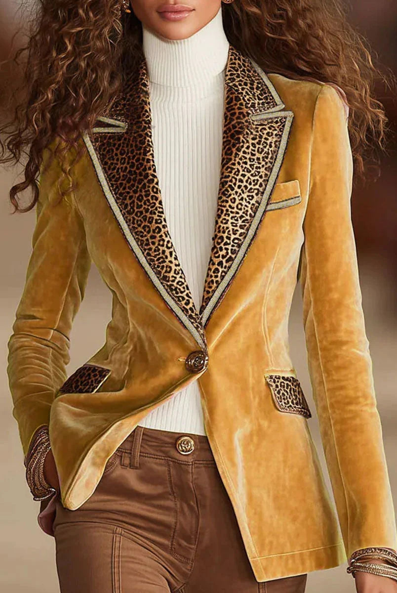 Men's Velvet Blazer Jacket with One-Button Closure and Leopard Print Accent 3