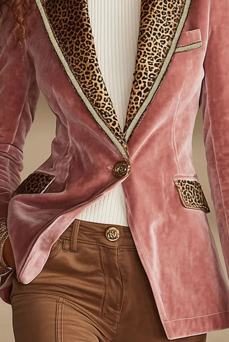 Men's Velvet Blazer Jacket with One-Button Closure and Leopard Print Accent 6