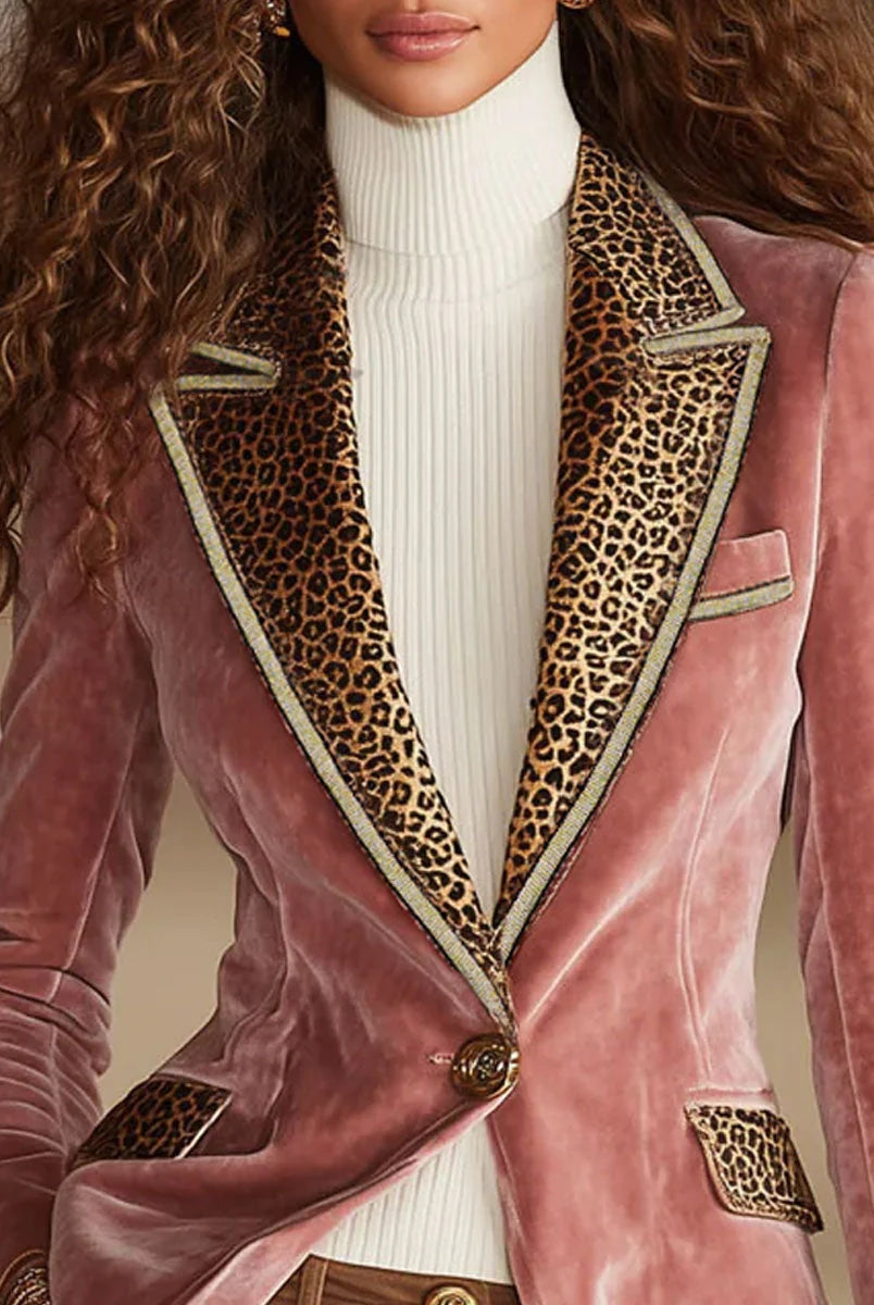 Men's Velvet Blazer Jacket with One-Button Closure and Leopard Print Accent 7