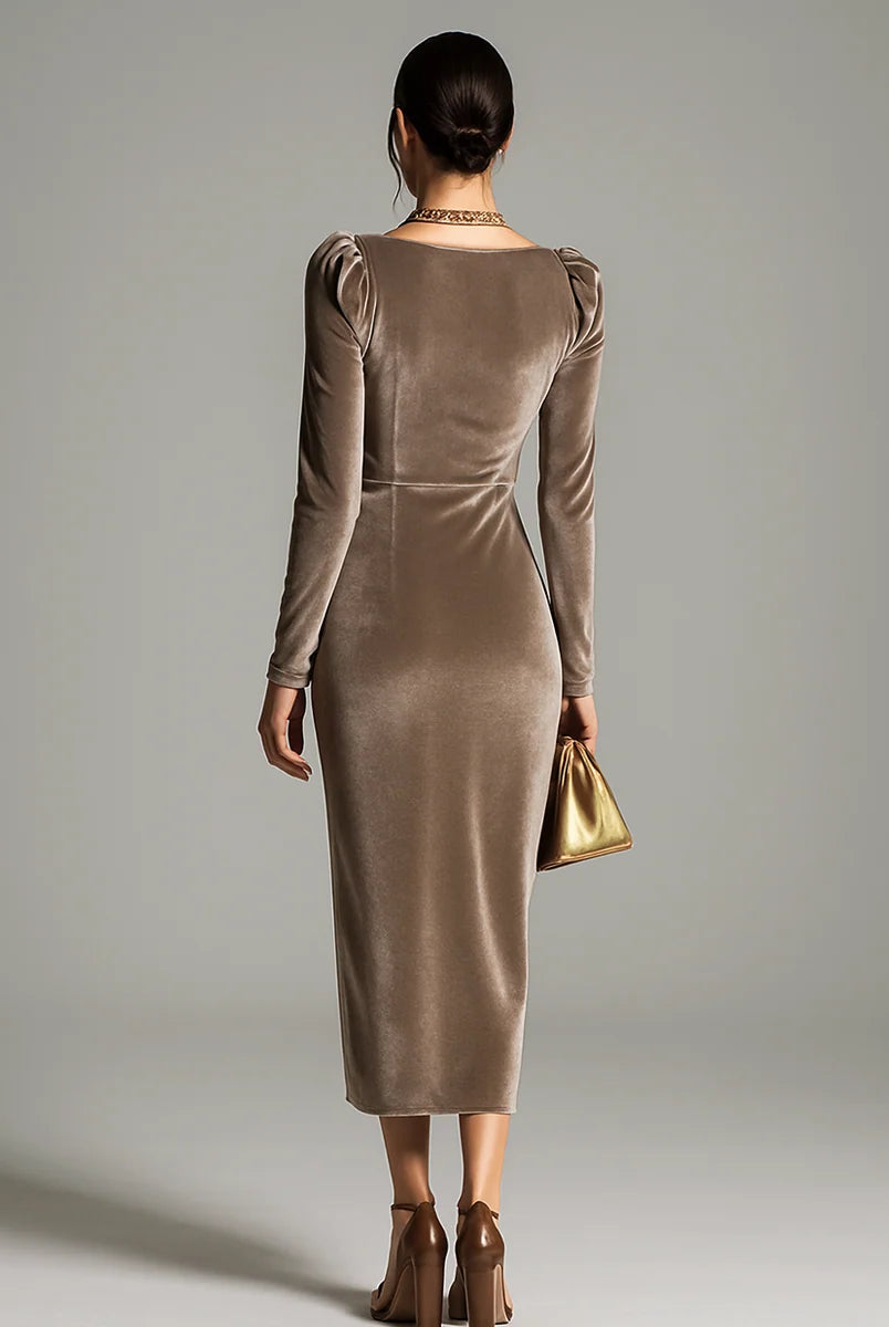 Men's Velvet Long-Sleeve Midi Dress with Ruffled Neckline 4