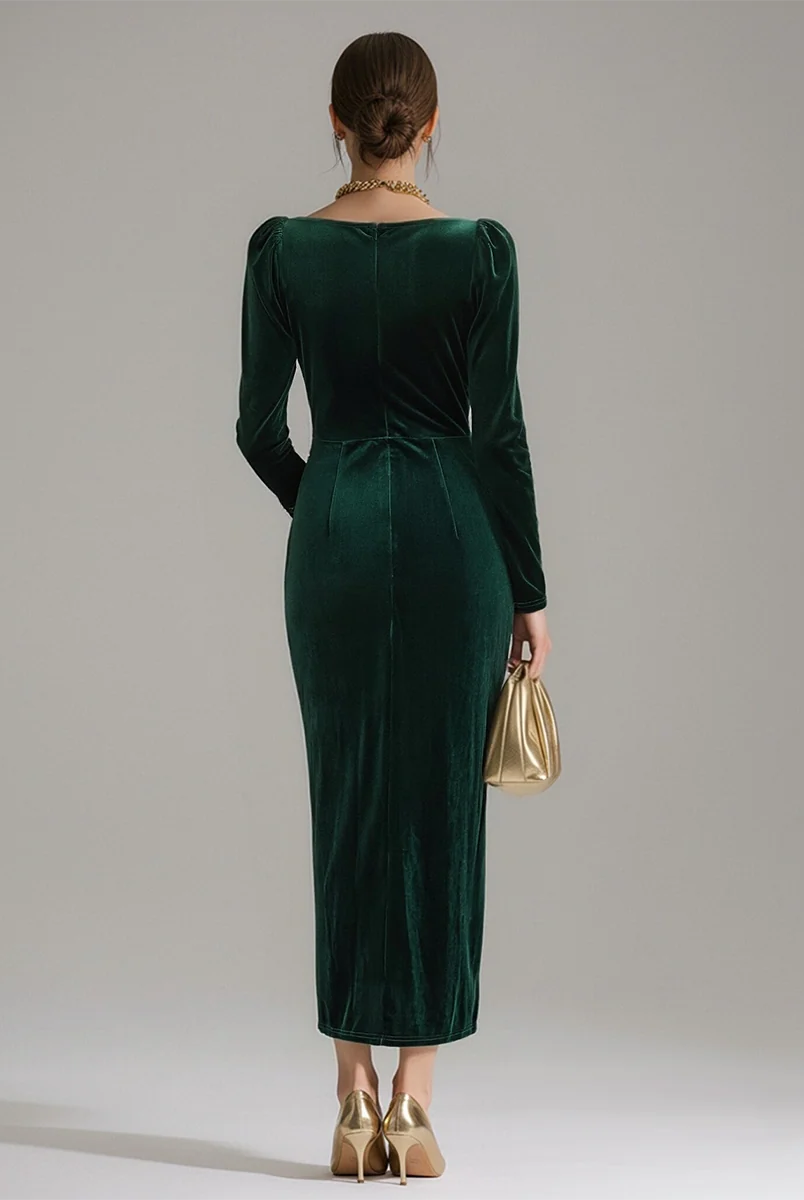 Men's Velvet Long-Sleeve Midi Dress with Ruffled Neckline 6