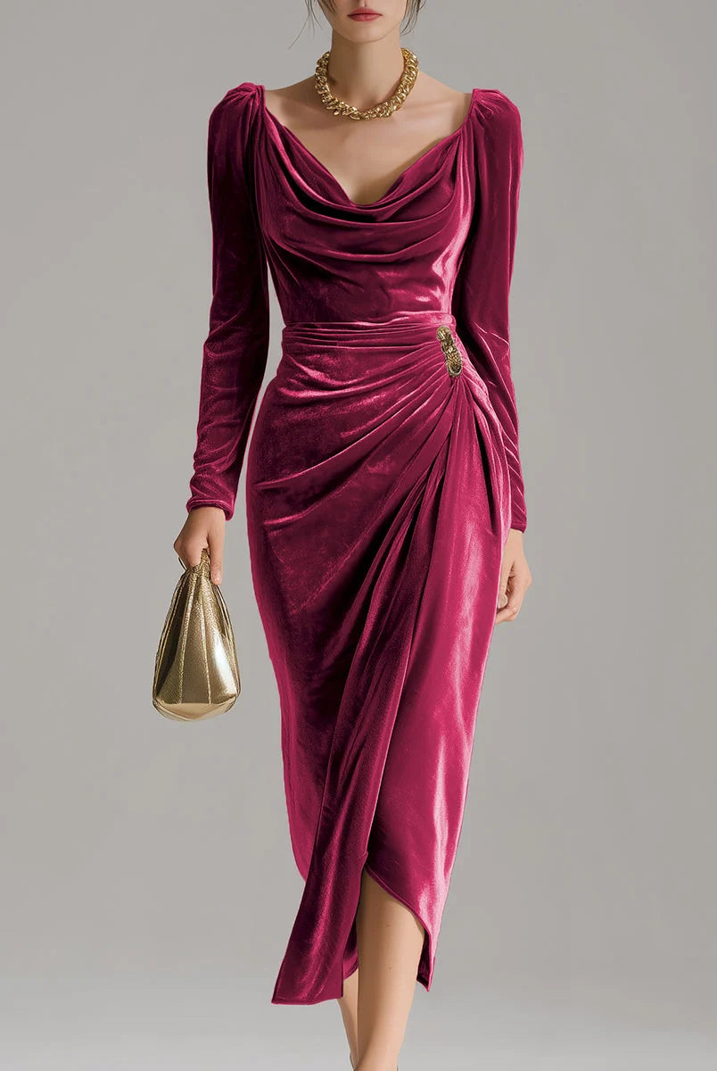 Men's Velvet Long-Sleeve Midi Dress with Ruffled Neckline 9