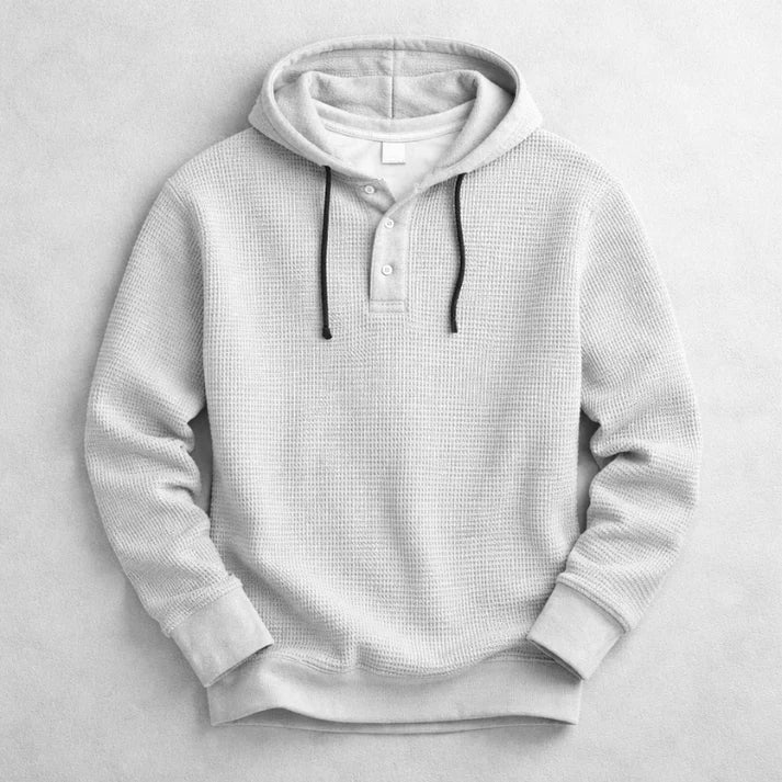 Men's Waffle-Knit Hooded Pullover with Henley Button Placket 1