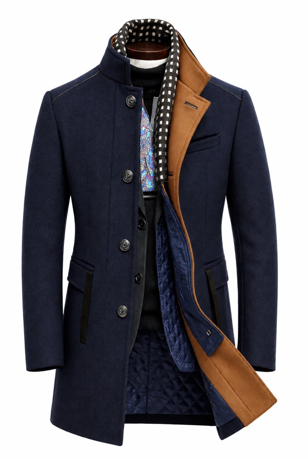 Men's Wool Blend Overcoat with Stand-Up Collar and Single-Breasted Closure 0
