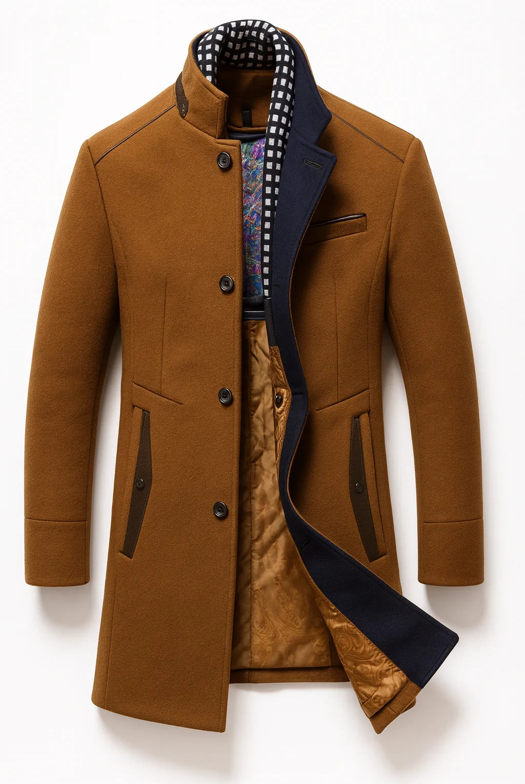 Men's Wool Blend Overcoat with Stand-Up Collar and Single-Breasted Closure 2