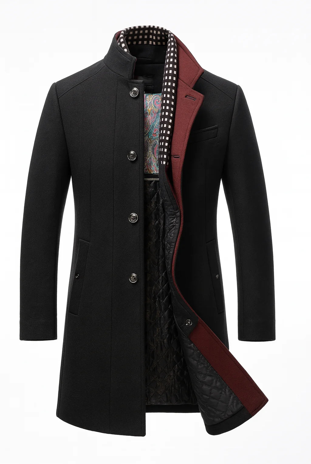 Men's Wool Blend Overcoat with Stand-Up Collar and Single-Breasted Closure 3