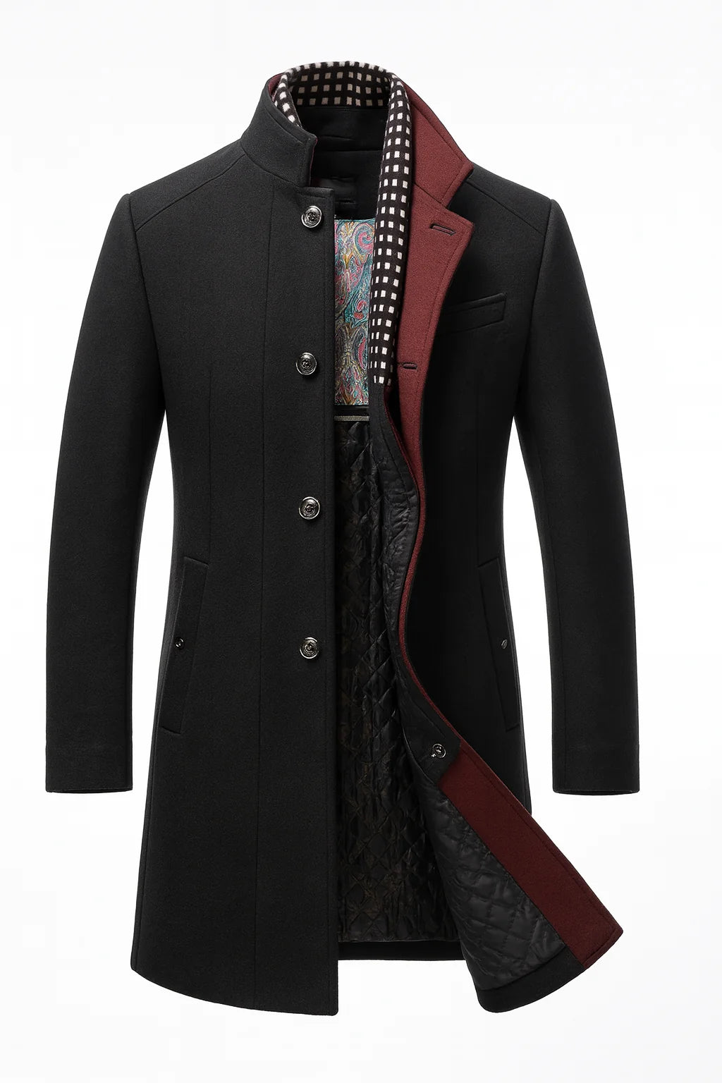 Men's Wool Blend Overcoat with Stand-Up Collar and Single-Breasted Closure 3
