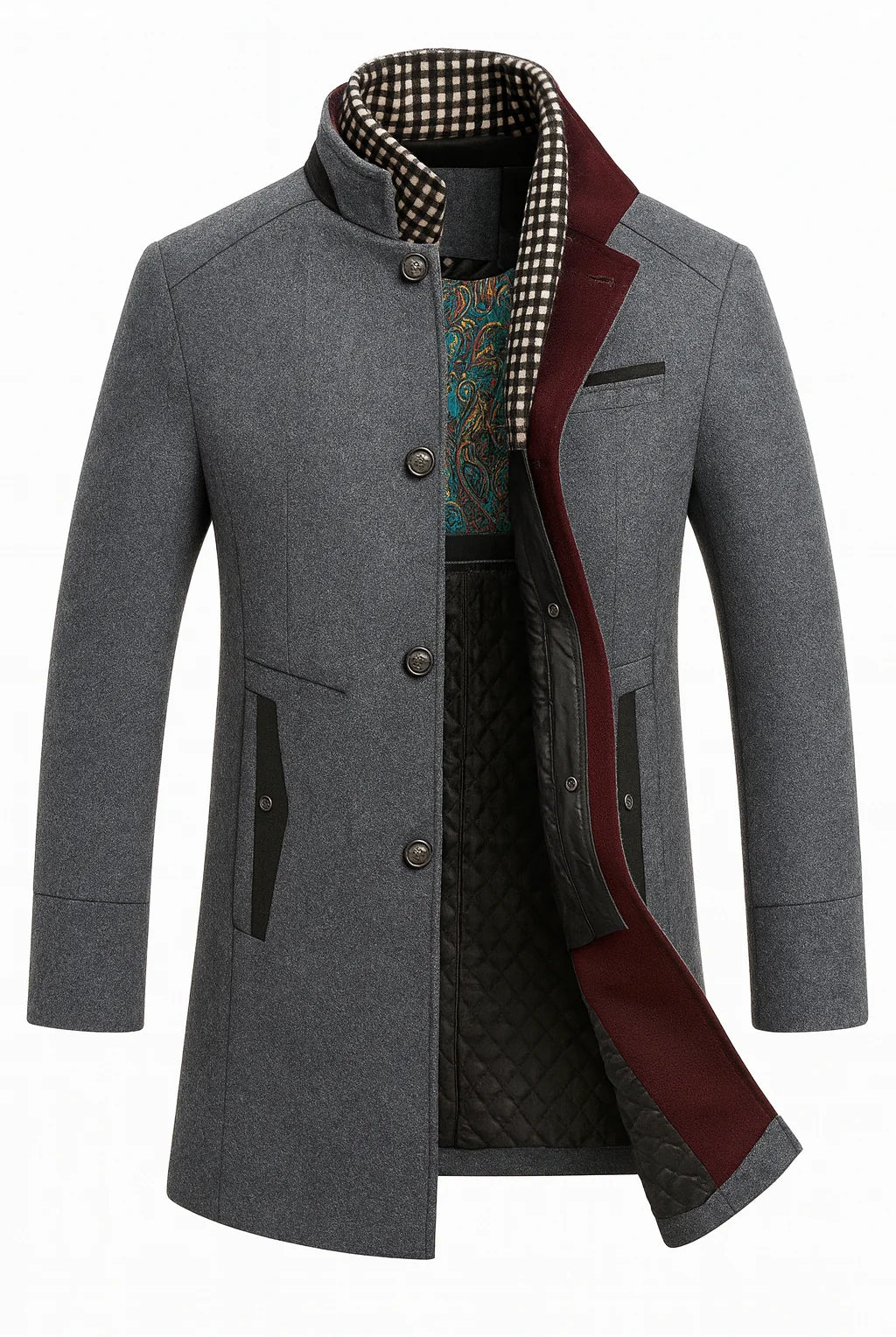 Men's Wool Blend Overcoat with Stand-Up Collar and Single-Breasted Closure 4