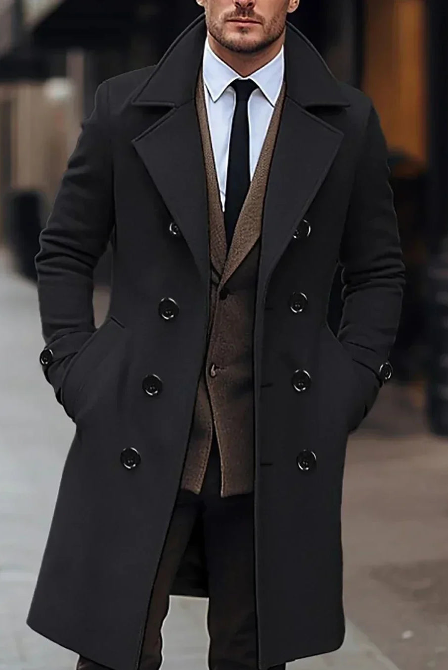 Men's Wool Double-Breasted Slim Fit Trench Coat 0