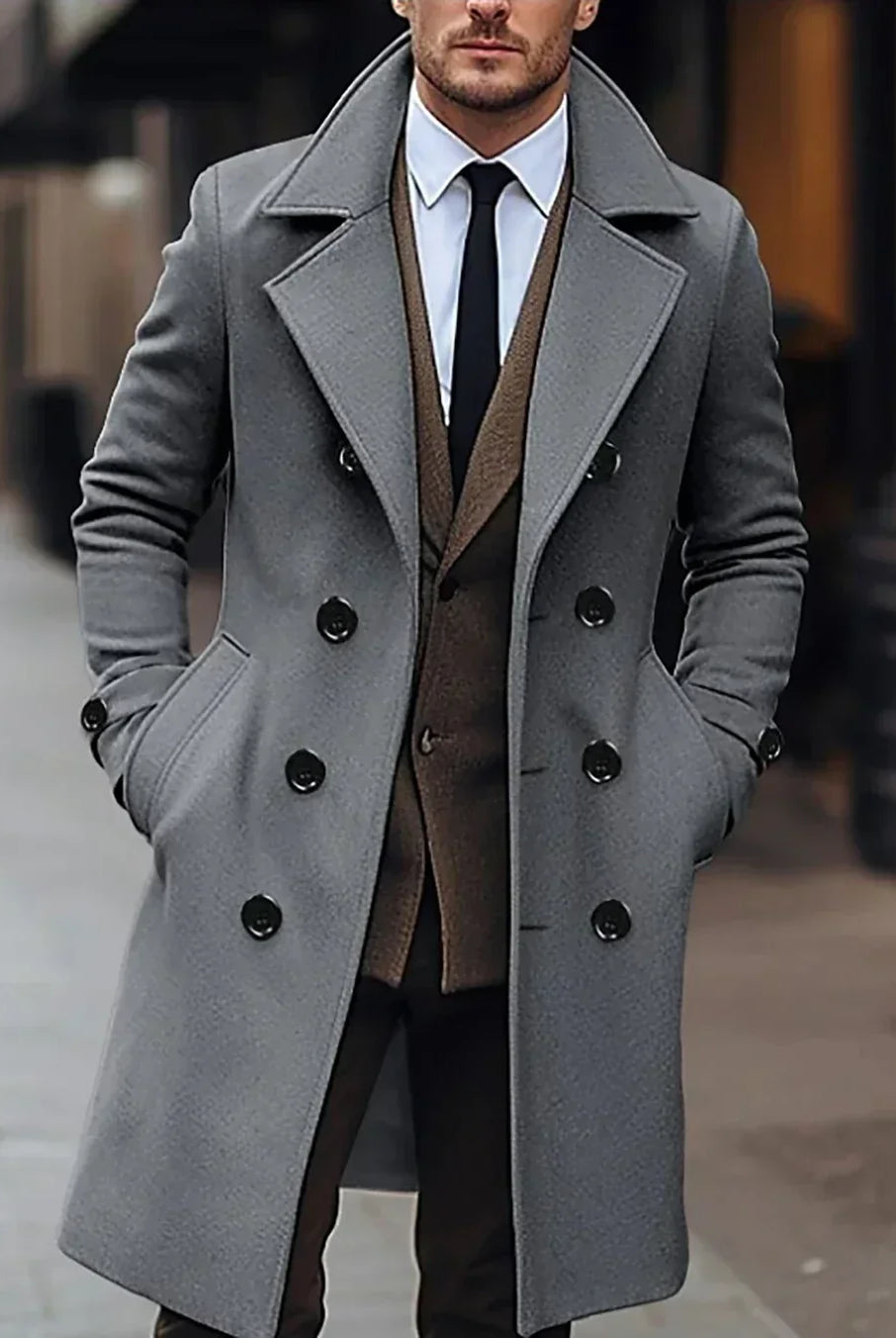 Men's Wool Double-Breasted Slim Fit Trench Coat 3