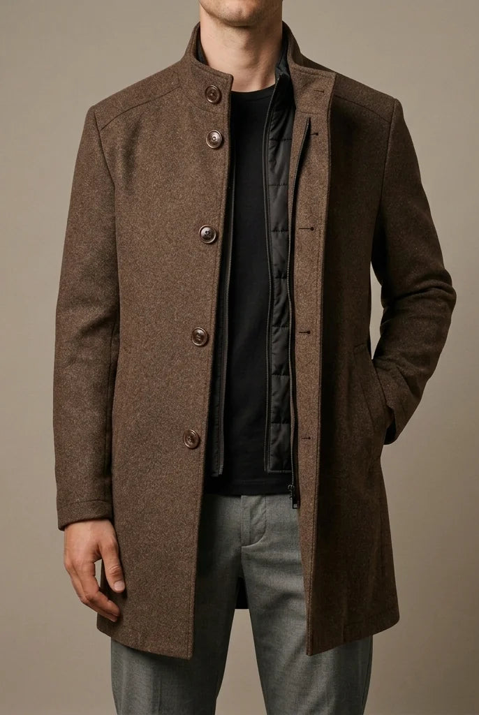 Men's Wool Tailored Overcoat with Insulated Lining and Button Closure 0