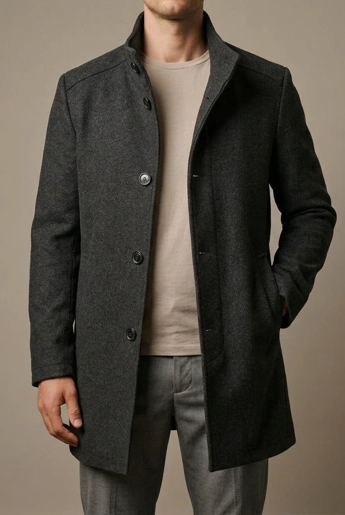 Men's Wool Tailored Overcoat with Insulated Lining and Button Closure 1