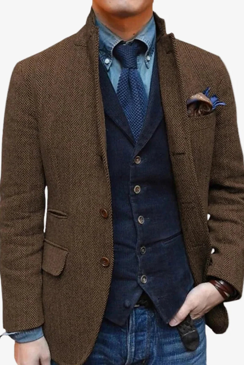 Men's Wool Tweed Single-Breasted Blazer Slim Tailored Fit 0