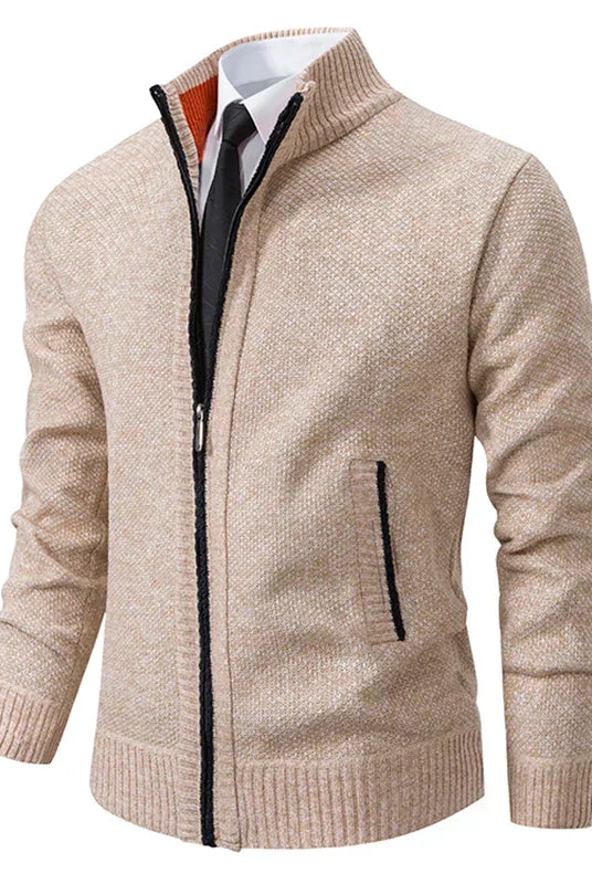 Men's Zip-Up Cardigan with High Collar and Ribbed Cuffs - 2