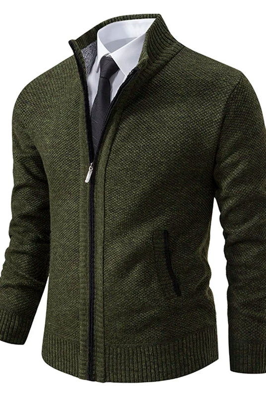 Men's Zip-Up Cardigan with High Collar and Ribbed Cuffs - 3