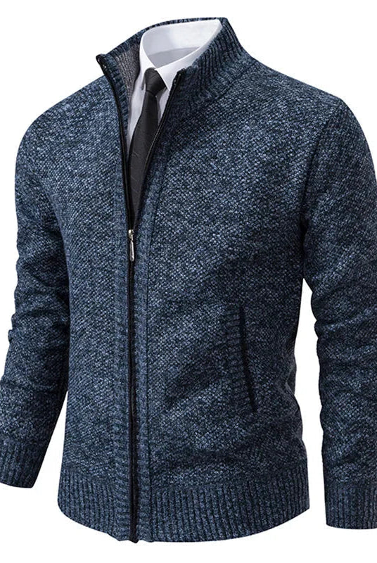 Men's Zip-Up Cardigan with High Collar and Ribbed Cuffs - 5