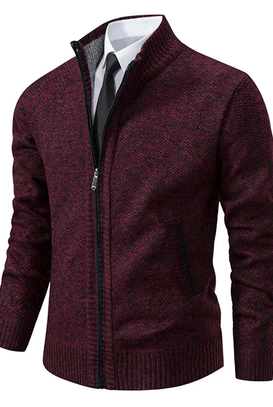 Men's Zip-Up Cardigan with High Collar and Ribbed Cuffs - 7