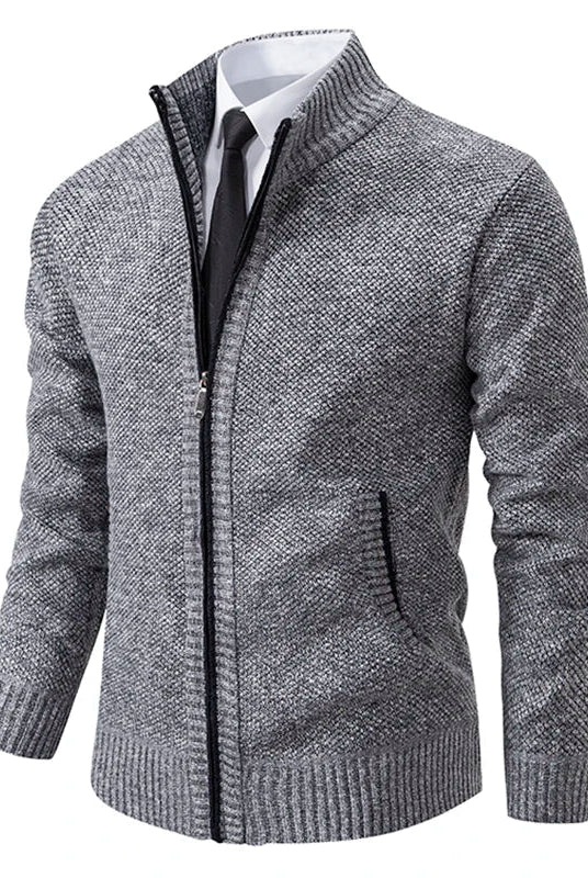 Men's Zip-Up Cardigan with High Collar and Ribbed Cuffs - 9