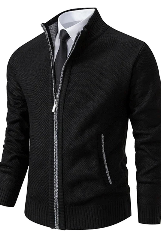 Men's Zip-Up Cardigan with High Collar and Ribbed Cuffs - 4