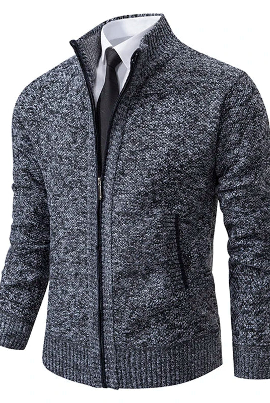 Men's Zip-Up Cardigan with High Collar and Ribbed Cuffs - 8