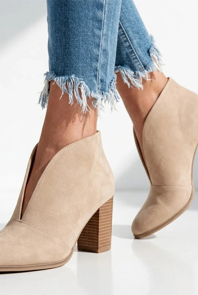 Women's Almond Toe V-Cut Block Heel Ankle Boots 0