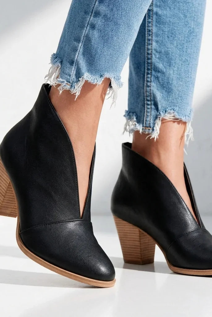 Women's Almond Toe V-Cut Block Heel Ankle Boots 1