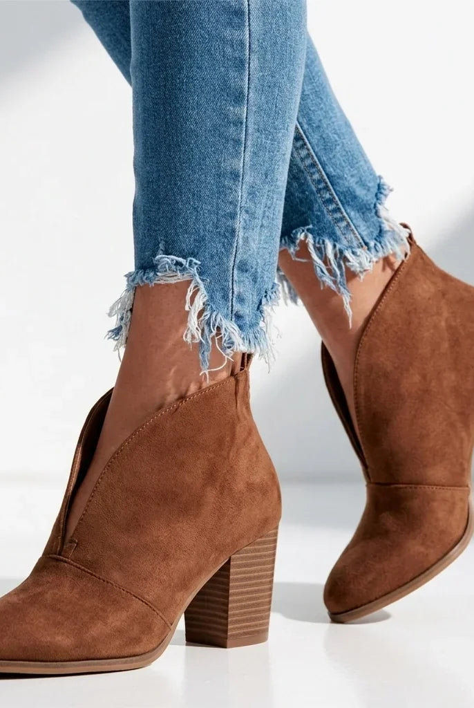 Women's Almond Toe V-Cut Block Heel Ankle Boots 2