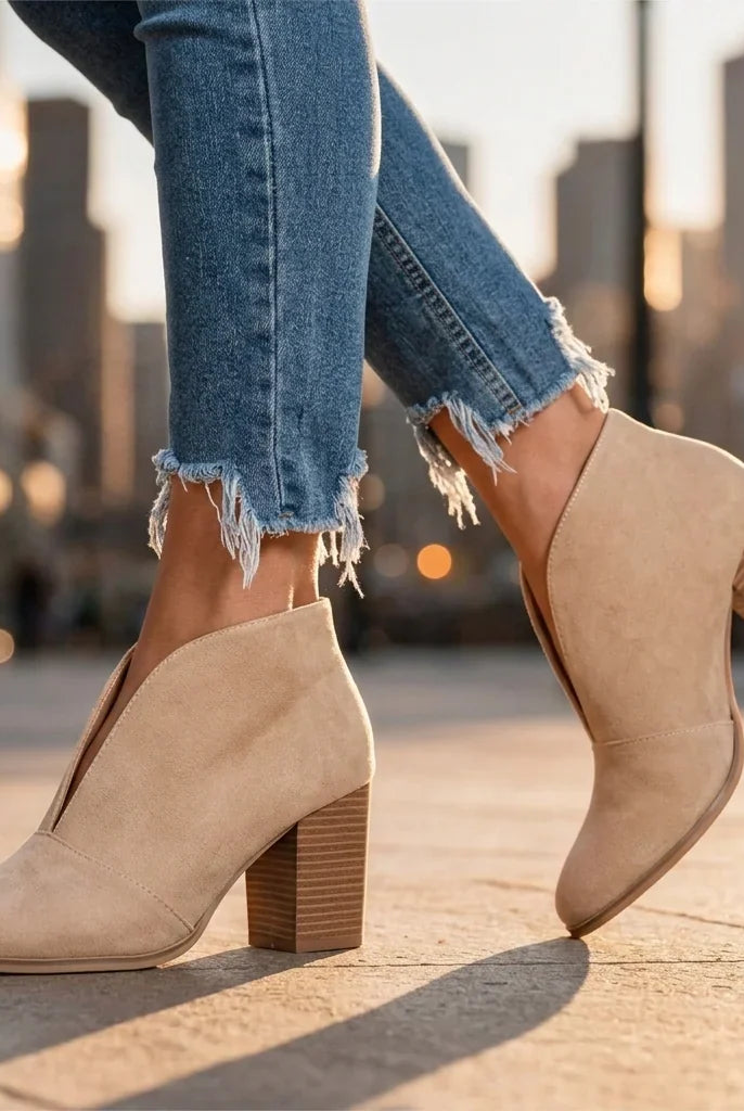Women's Almond Toe V-Cut Block Heel Ankle Boots 3