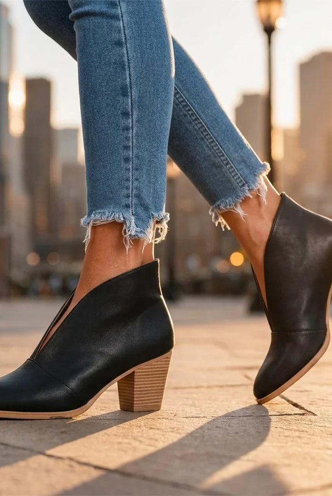 Women's Almond Toe V-Cut Block Heel Ankle Boots 4