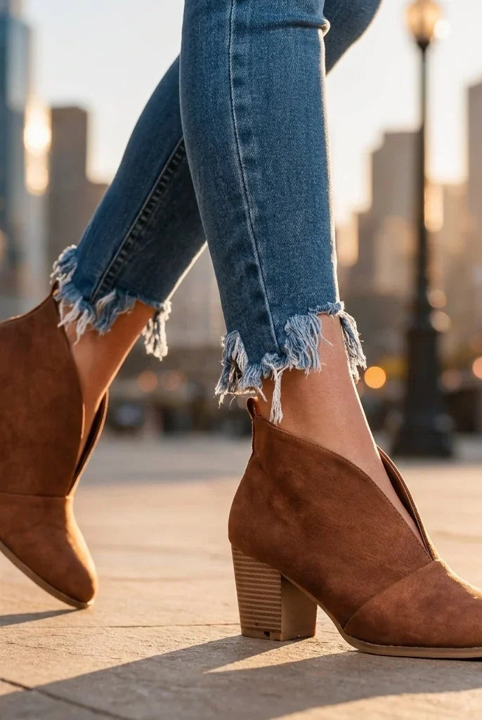 Women's Almond Toe V-Cut Block Heel Ankle Boots 5
