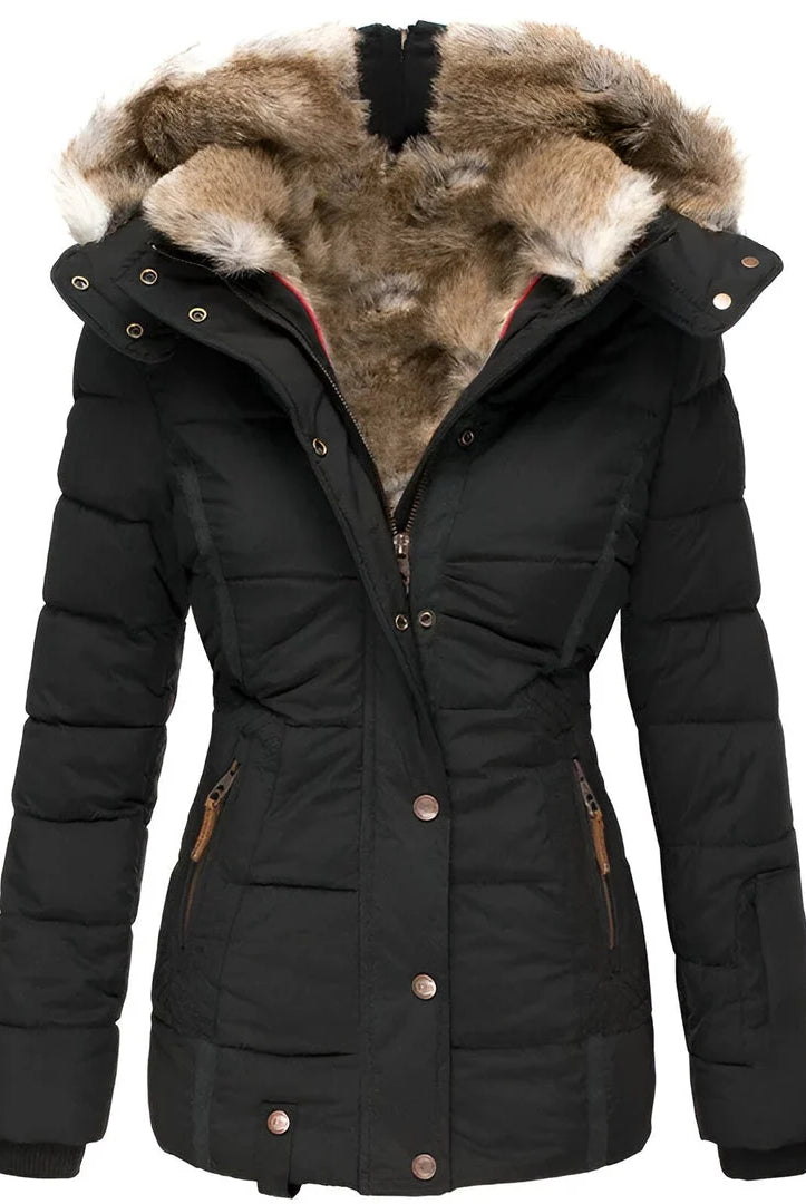 Women's Black Puffer Jacket with Fur-Lined Hood 0