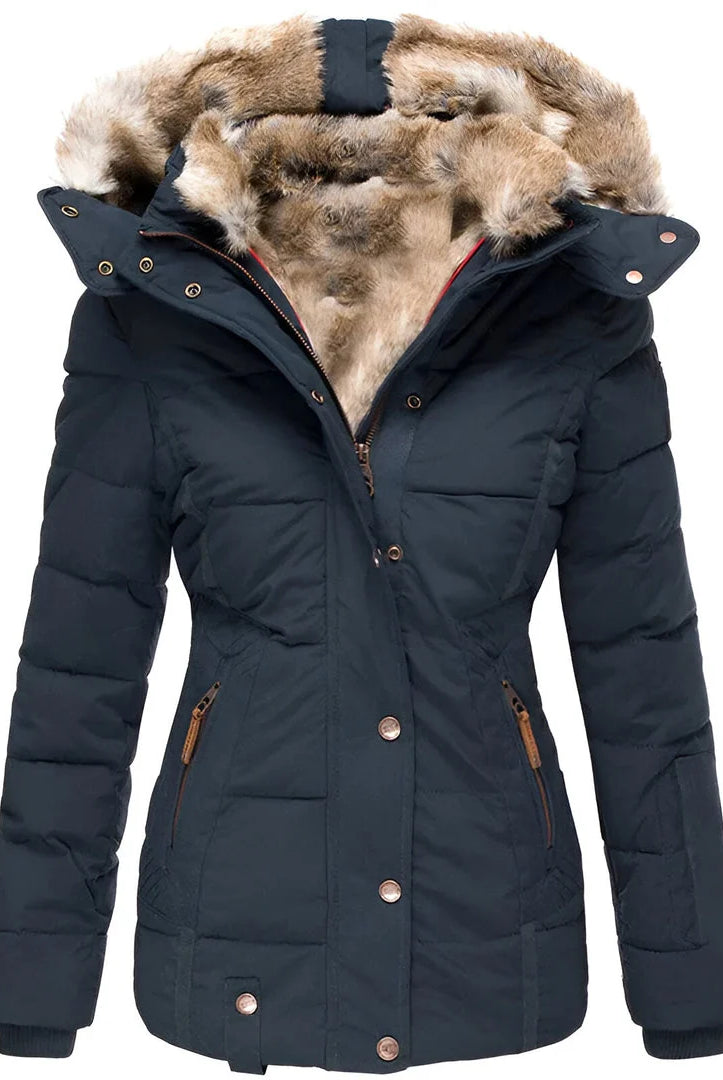 Women's Black Puffer Jacket with Fur-Lined Hood 3