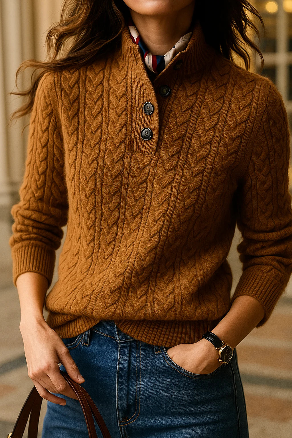 Women's Cable Knit Button-Front Cardigan Sweater with Stand Collar 0