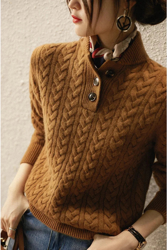 Women's Cable Knit Button-Front Cardigan Sweater with Stand Collar 3