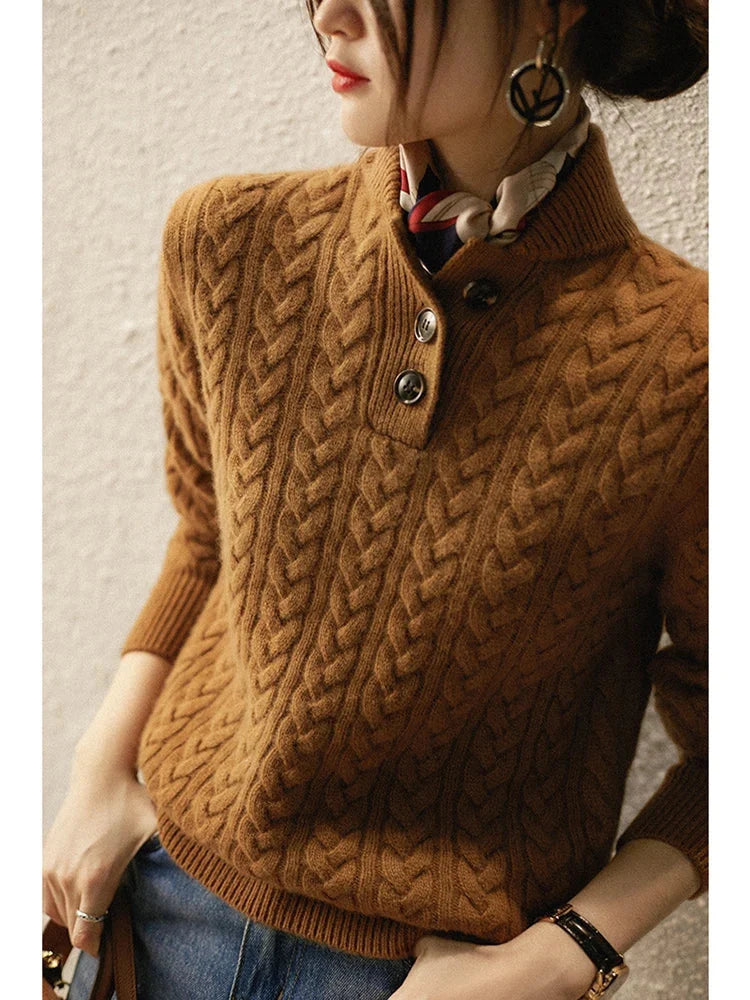 Women's Cable Knit Button-Front Cardigan Sweater with Stand Collar 3