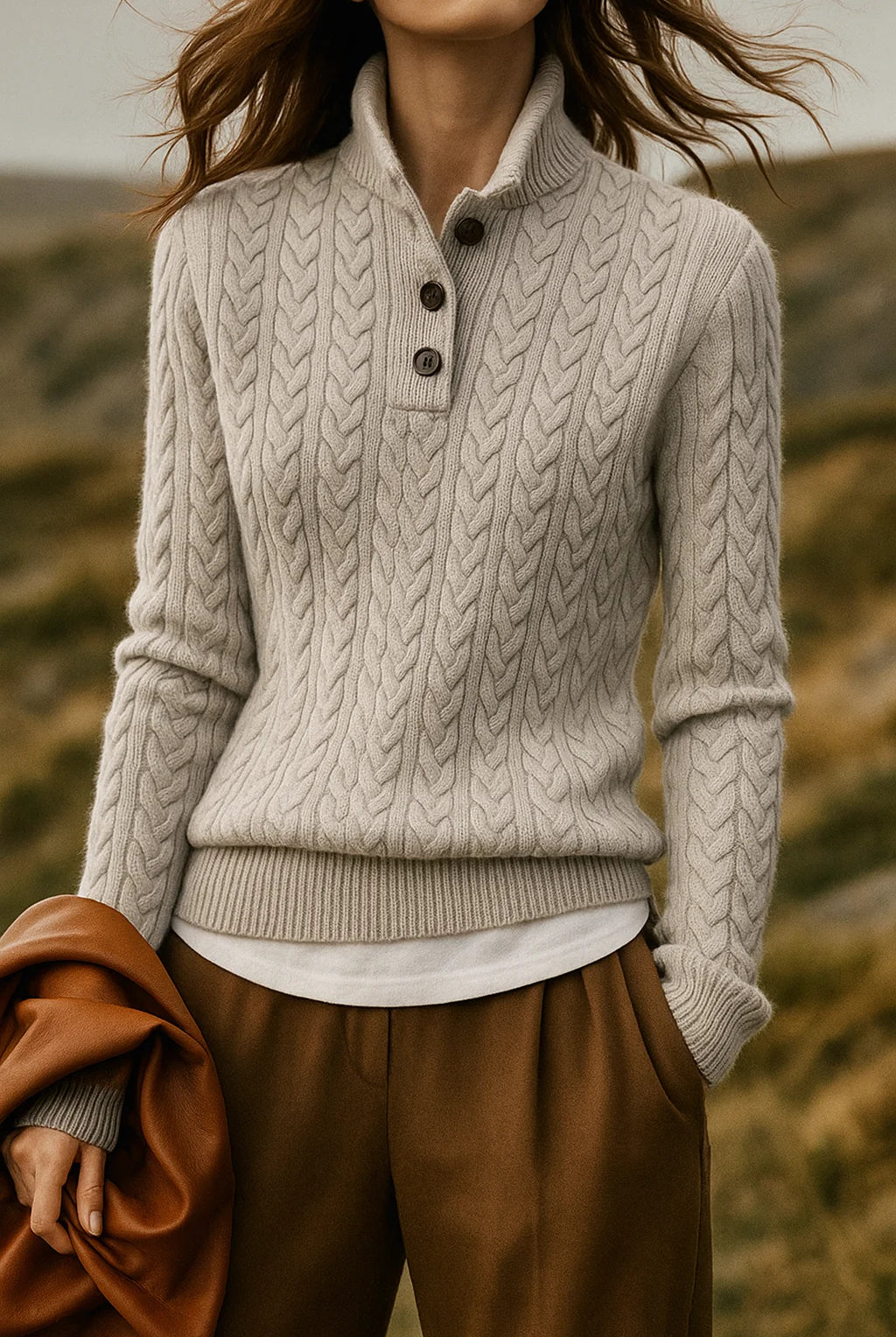 Women's Cable Knit Button-Front Cardigan Sweater with Stand Collar 9